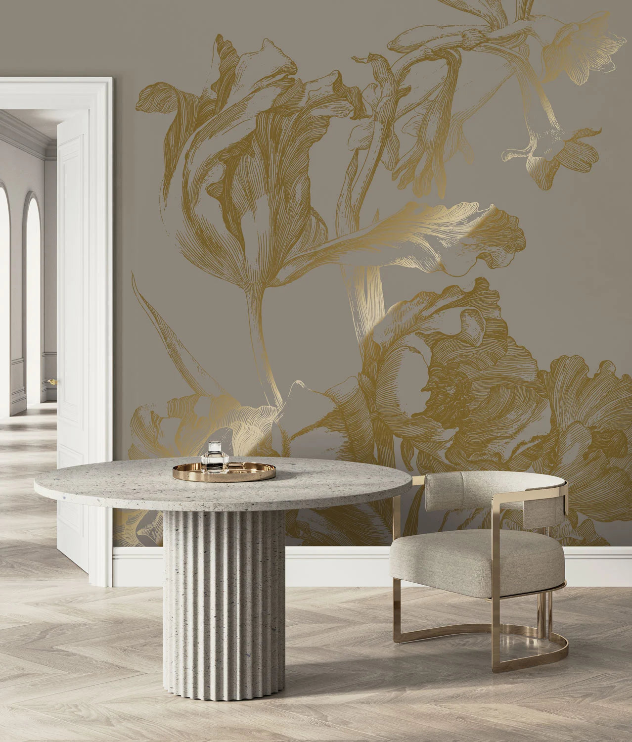 KEK Amsterdam - Gold Tapete Engraved Flowers Grau-Tapeten-KEK Amsterdam-TOJU Interior