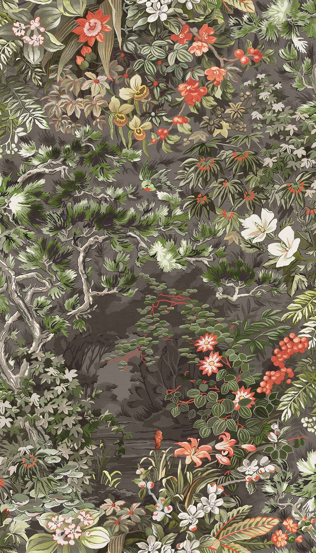 Cole & Son Woodland – Coral & Olive on Soot (115/4011), Musteransicht