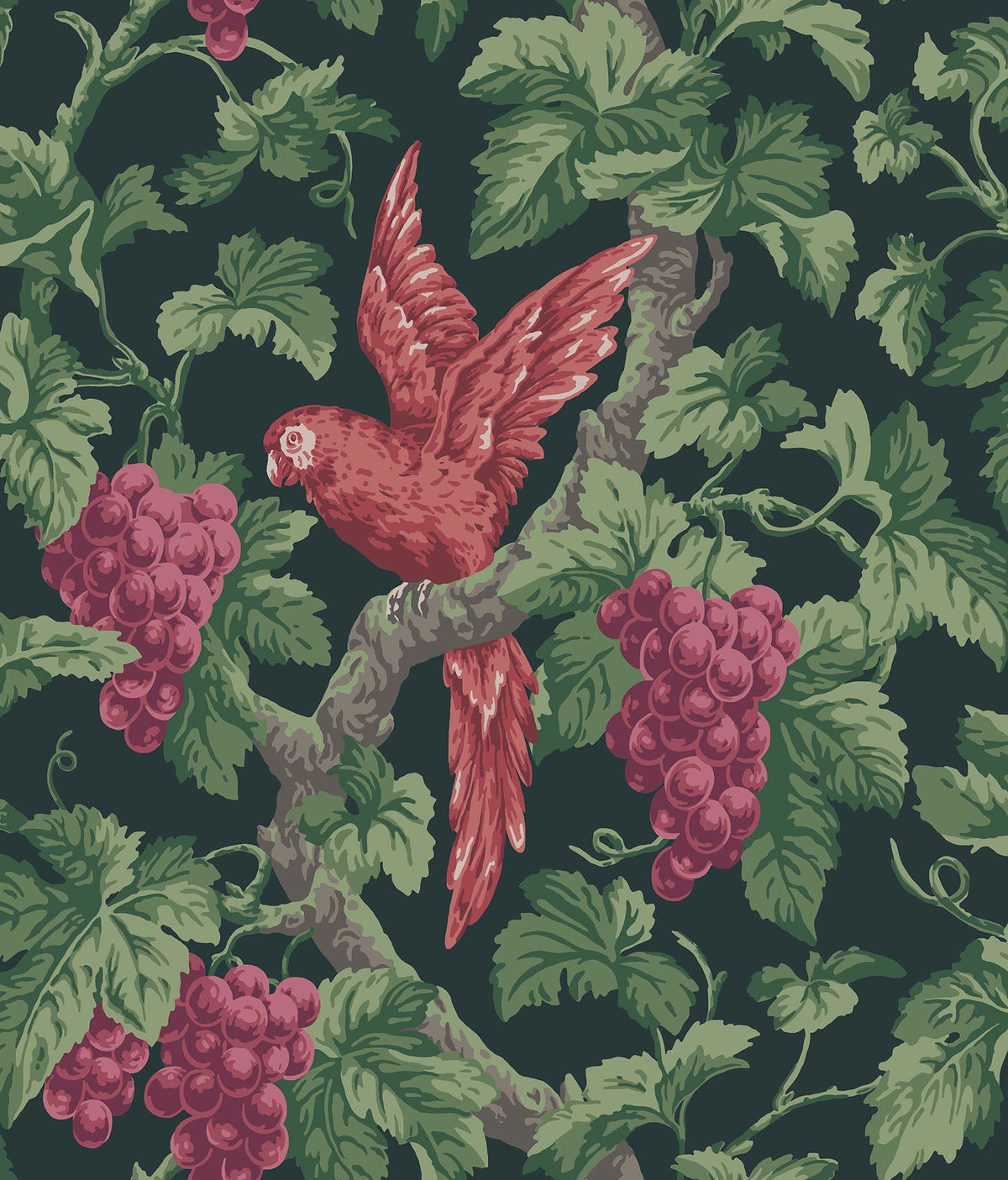 Cole & Son Woodvale Orchard – Ruby, Rose & Olive Green on Charcoal (116/5020), Musteransicht