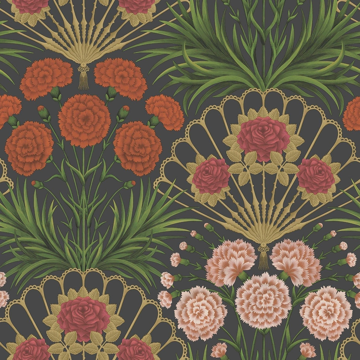 Cole & Son Flamenco Fan Cerise, Dark Tangerine & Metallic Gold on Black 117/14043 – Muster