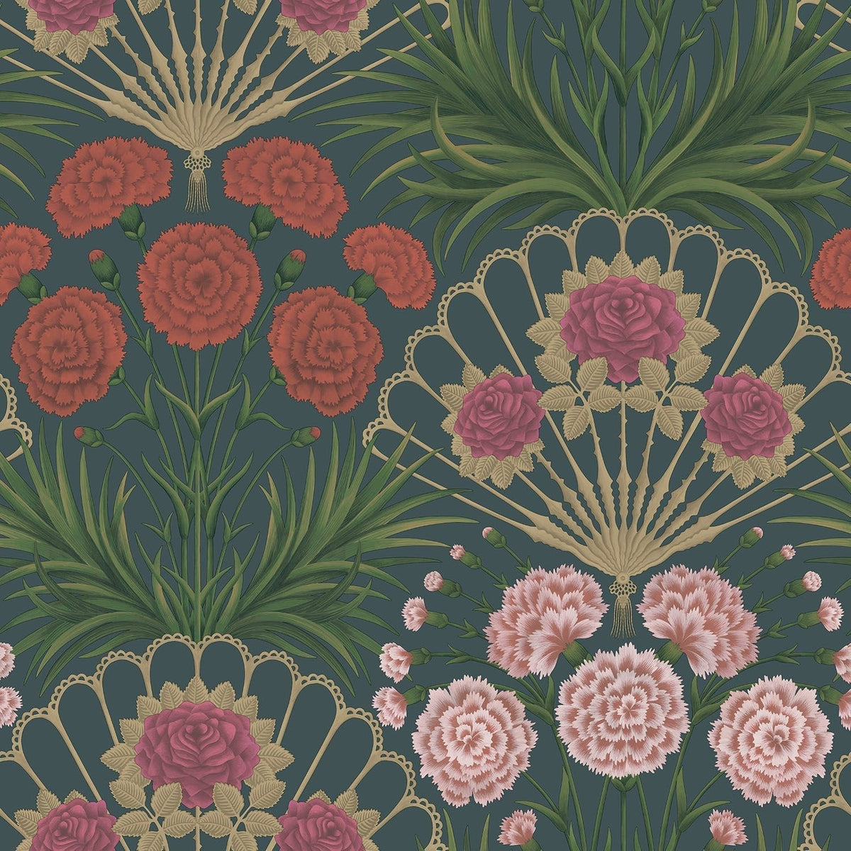 Cole & Son Flamenco Fan Magenta, Red & Metallic Gilver on Ink 117/14044 – Muster