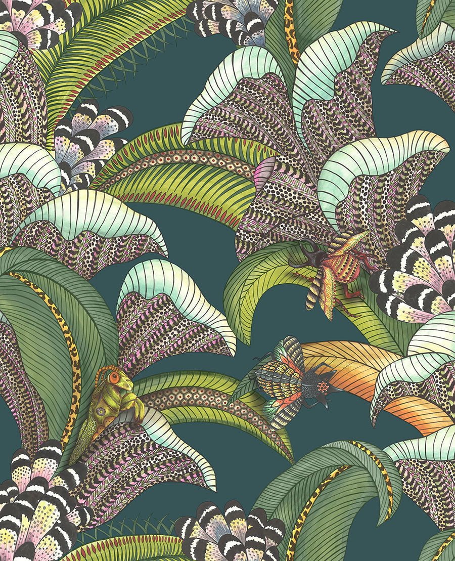 Cole & Son Hoopoe Leaves Forest Green, Lime & Fuchsia on Dark Viridian 119/1007 – Muster