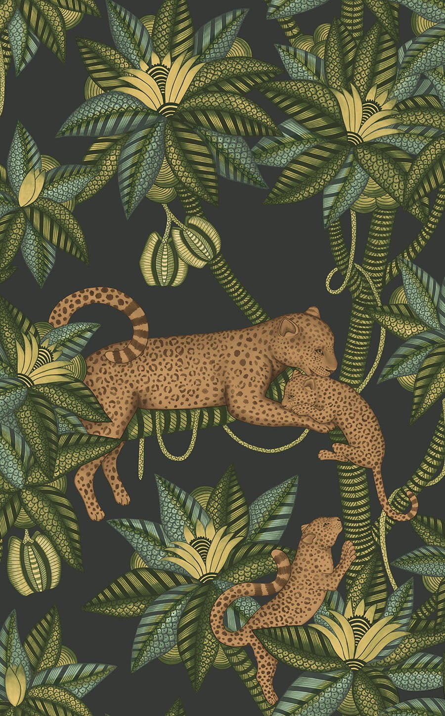 Cole & Son Satara Spring Green & Metallic Bronze on Charcoal 119/3016 – Muster