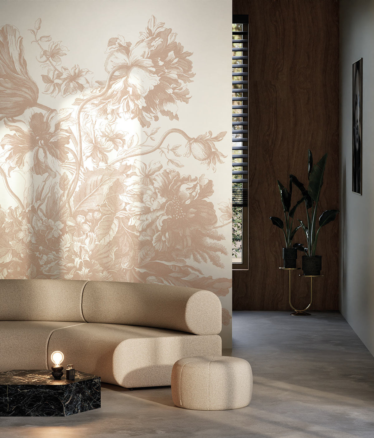 KEK Amsterdam Engraved Flowers Nude Tapete – Raumansicht