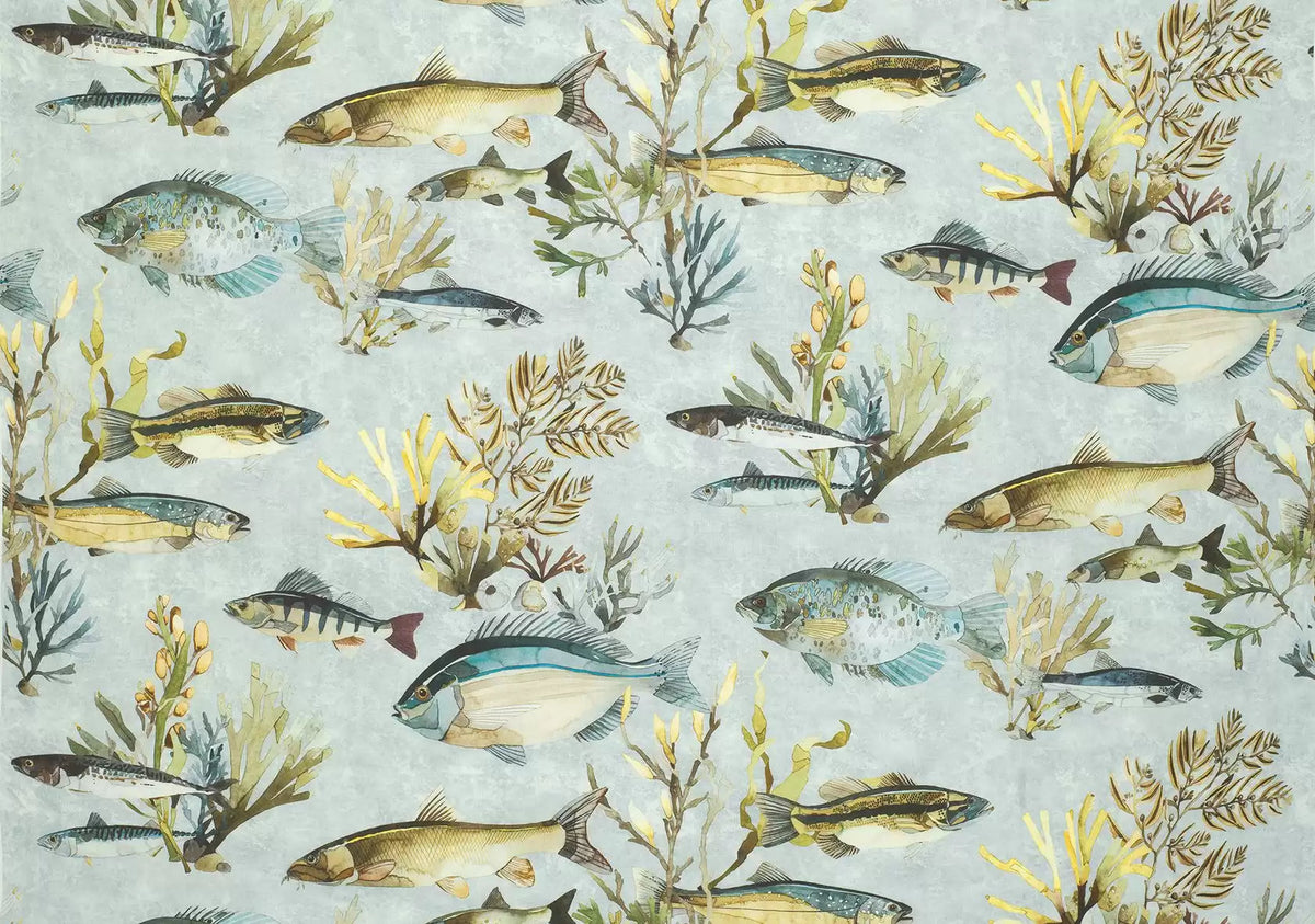 Osborne & Little Laghetto Leinenstoff in Celadon, Petrol und Sand – F7173-01