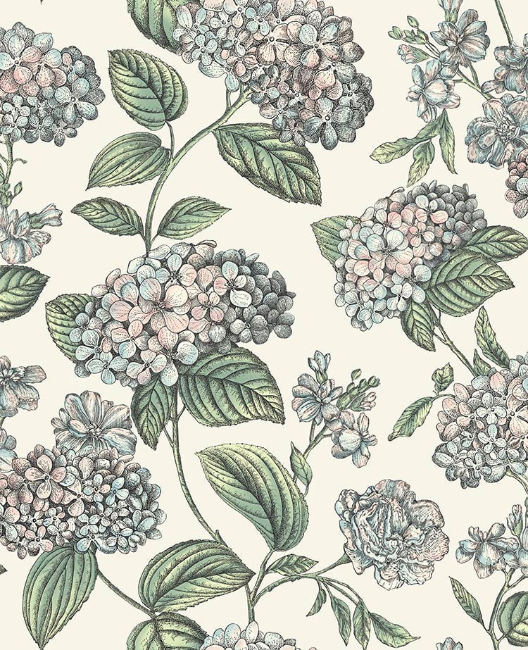 Cole & Son Fornasetti Ramo di Ortensia Pastel on Stone – Tapetenmuster