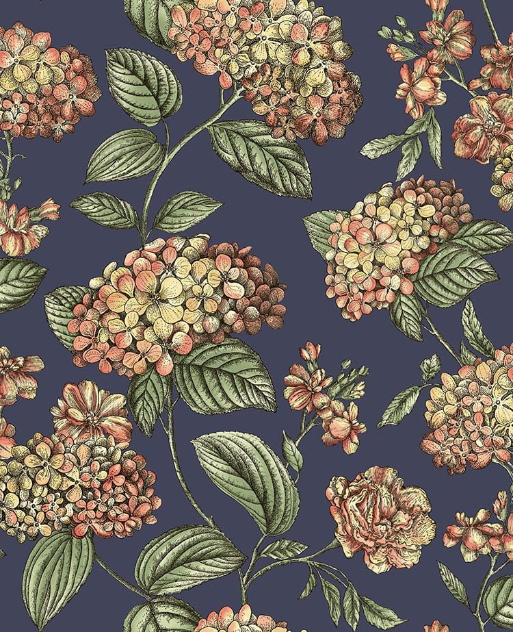 Cole & Son Fornasetti Ramo di Ortensia Coral on Dark Blue – Tapetenmuster