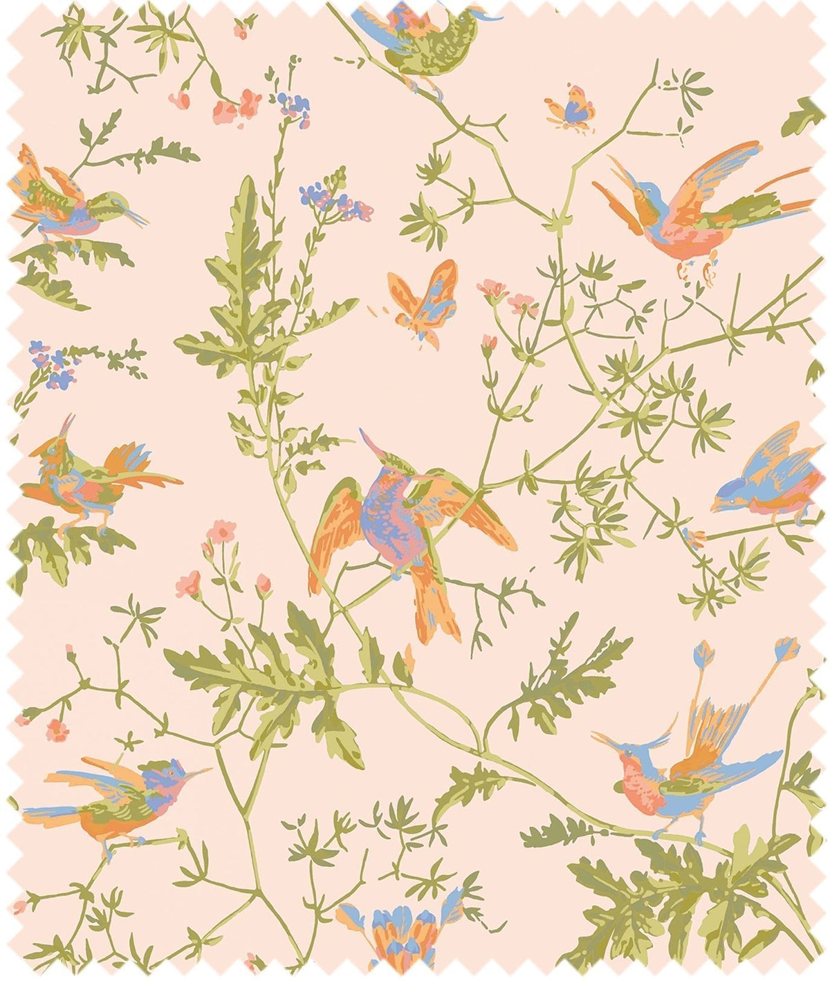 Cole & Son – Stoff Hummingbirds Cotton – F125/3010 – Tangerine & Olive on Blush