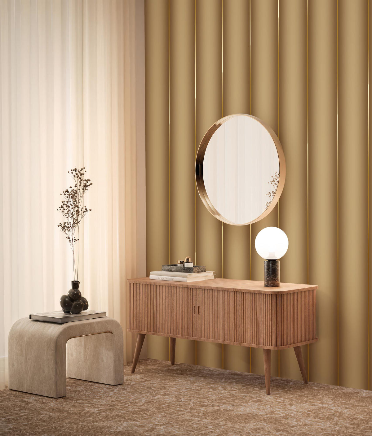 KEK Amsterdam Gold Stripes Gold/Toffee Tapete als elegante Streifentapete im Wohnraum