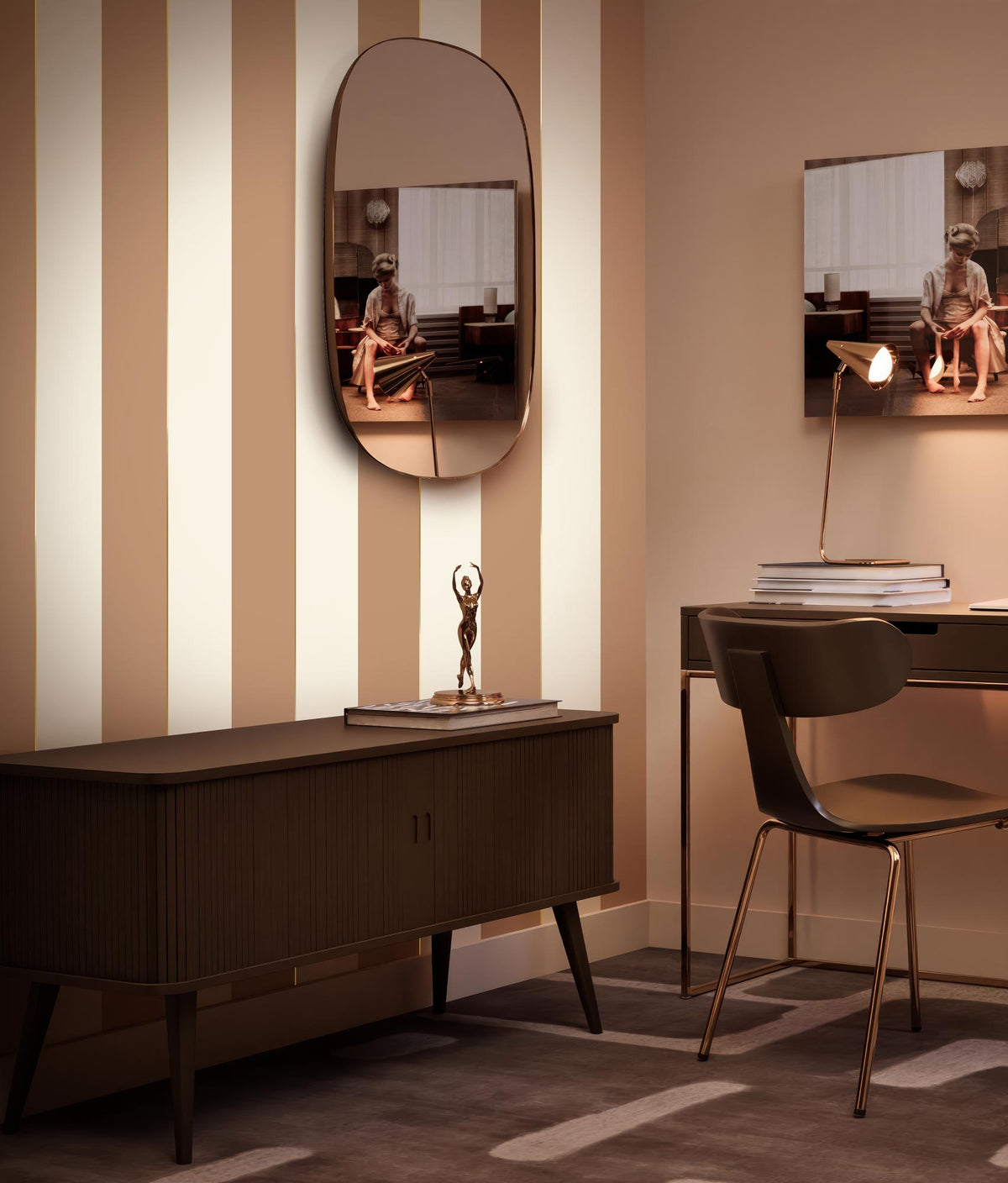 KEK Amsterdam Gold Stripes Beige Camel Gold Tapete – Raumansicht