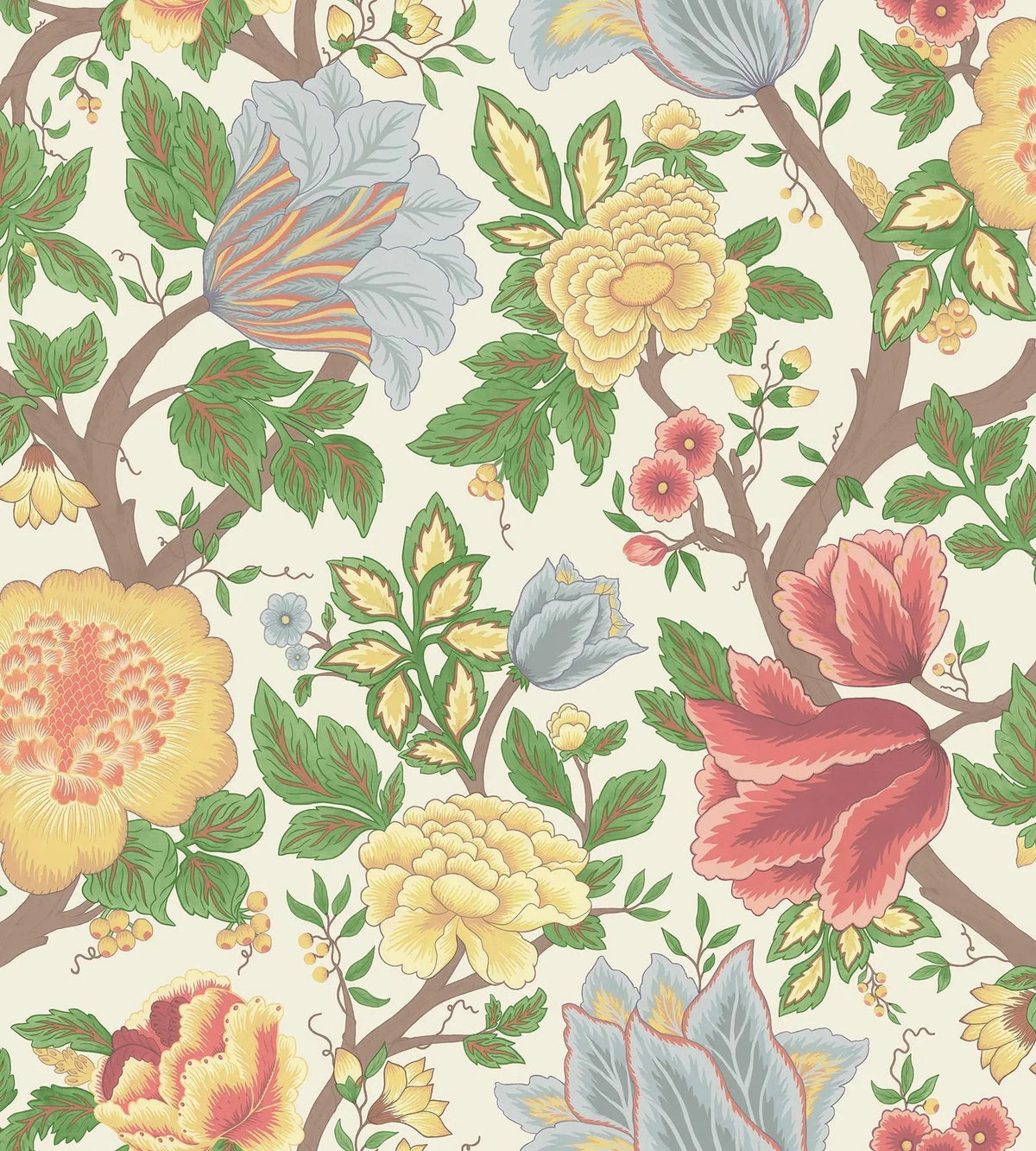 Cole & Son Midsummer Bloom Chartreuse, Rouge & Leaf Green on Parchment 116/4013 – Muster