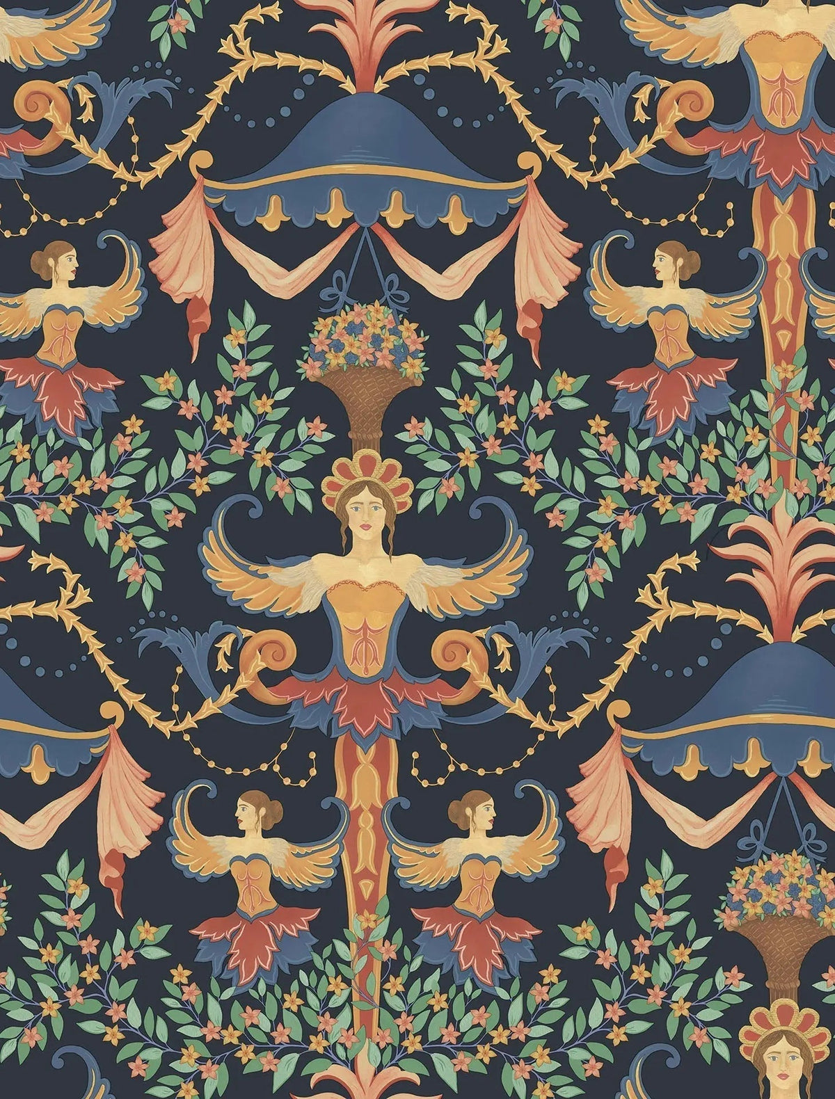 Cole & Son Chamber Angels Denim, Red & Marigold on Ink 118/12027 – Muster