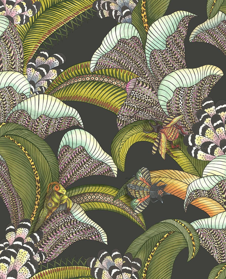 Cole & Son Hoopoe Leaves Olive Green, Chartreuse & Fuchsia on Black 119/1002 – Muster