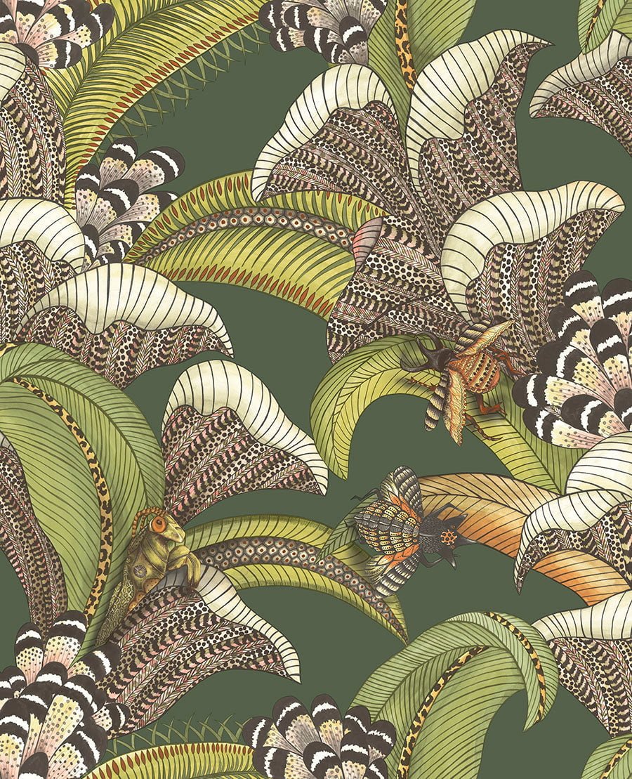 Cole & Son Hoopoe Leaves Spring Green, Chartreuse & Coral on Forest 119/1003 – Muster