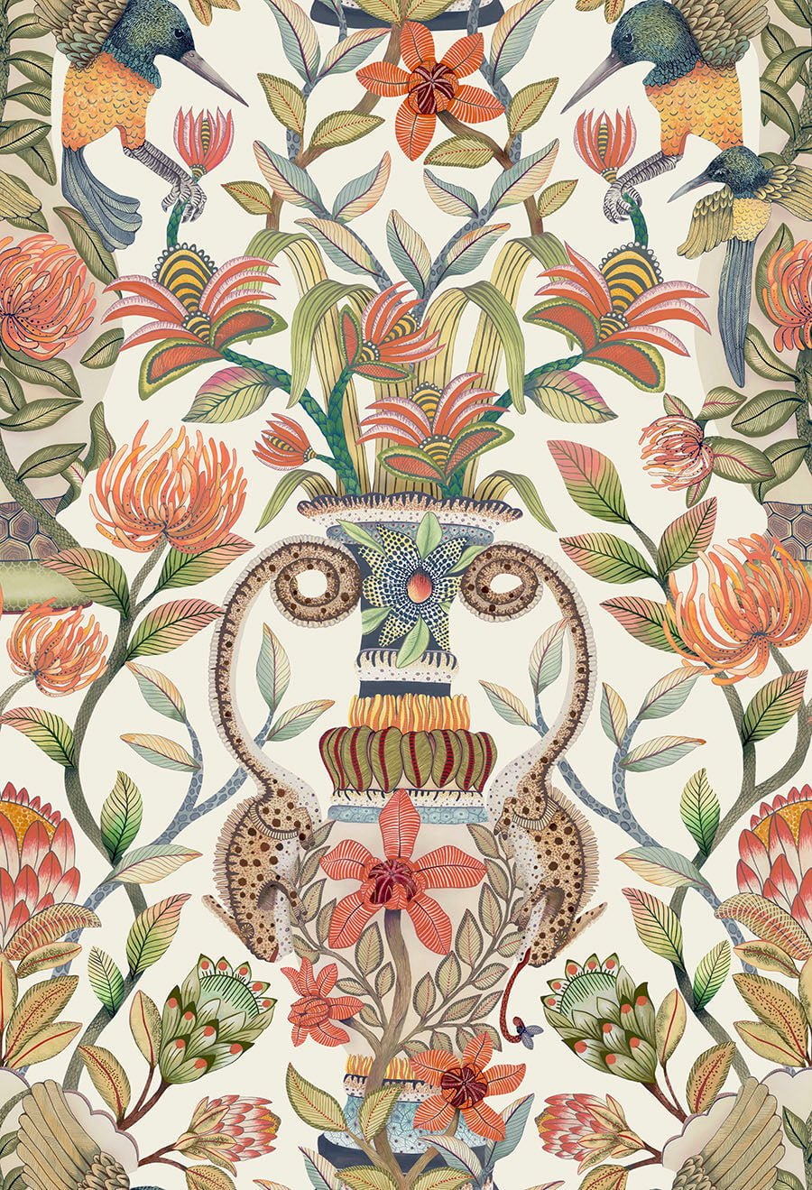Cole & Son Protea Garden Olive Green & Tangerine on White 119/10043 – Muster