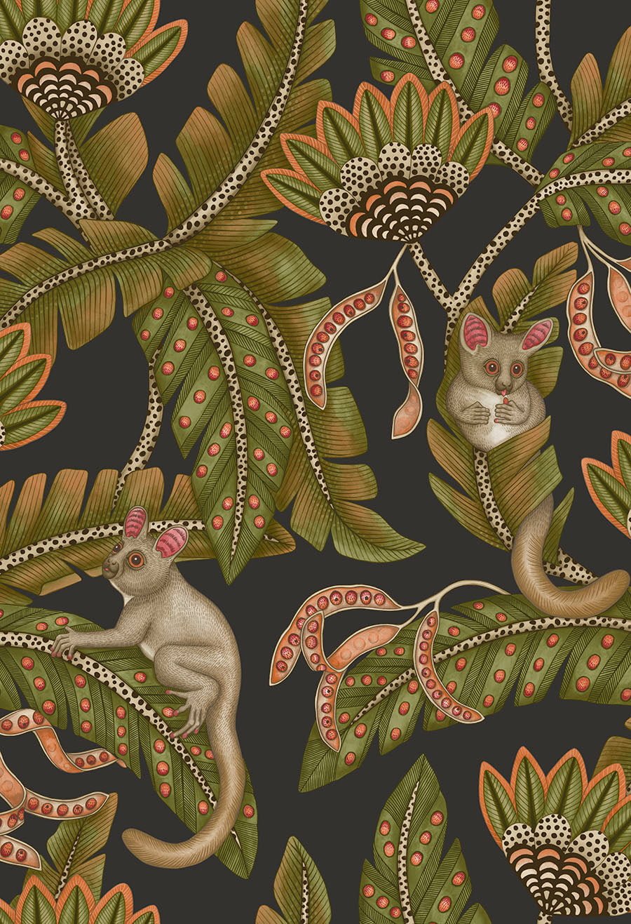 Cole & Son Bush Baby – Spring Green & Orange on Black (119/7031)