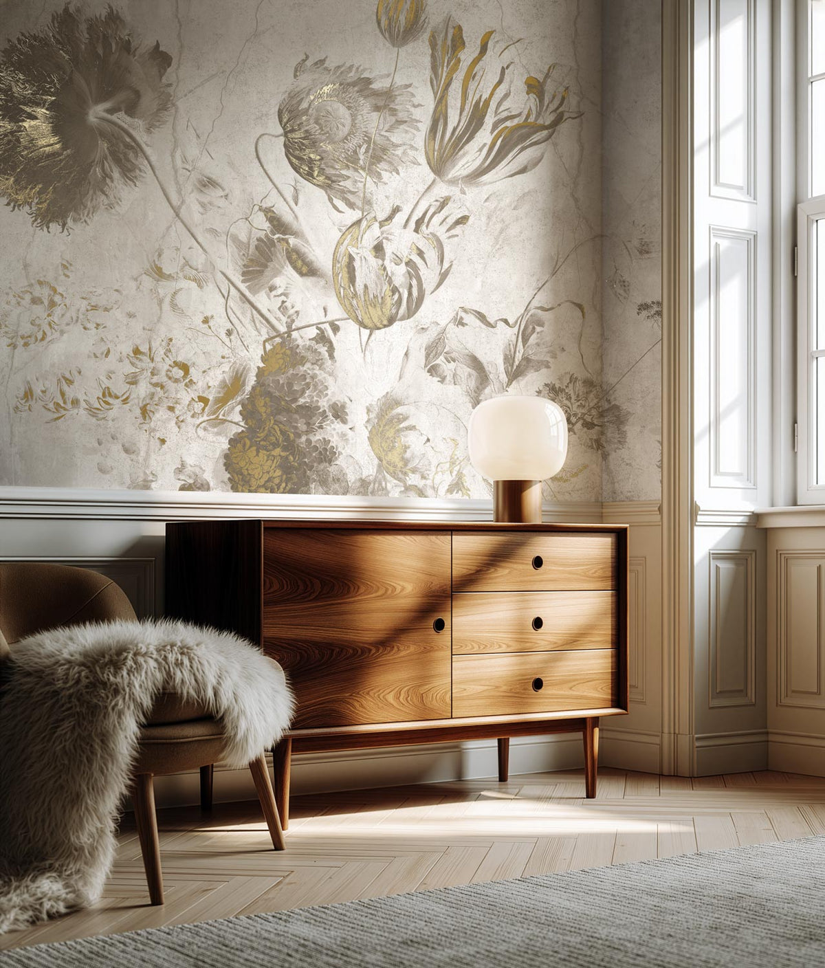 KEK Amsterdam Fresco Flowers Gold Weiß Tapete im Wohnraum