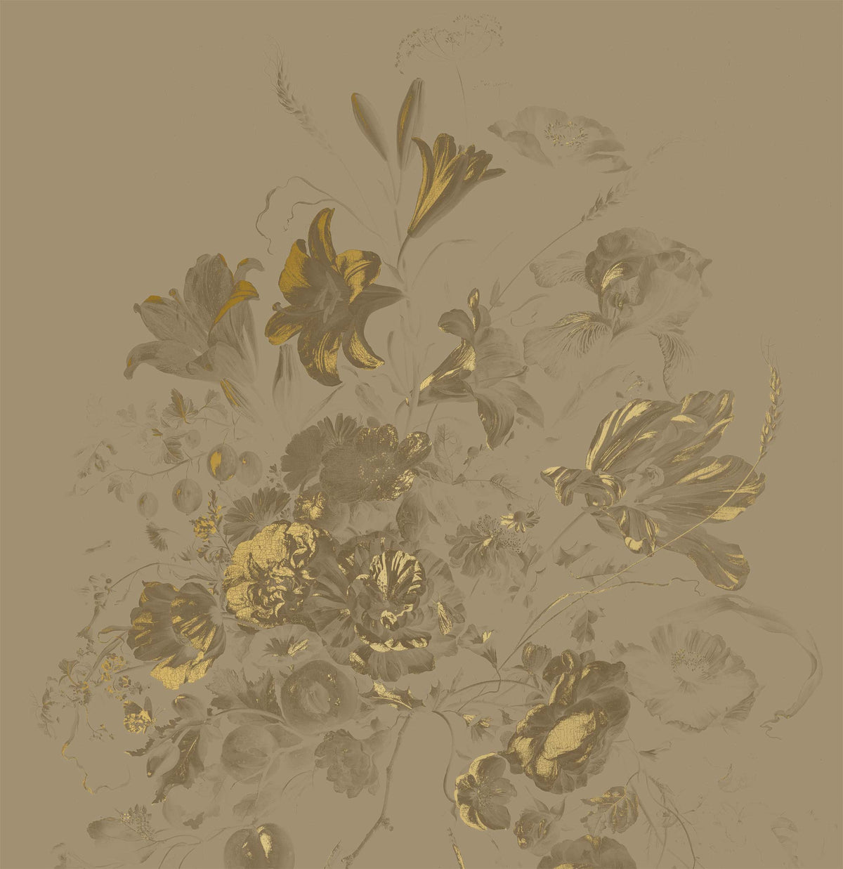 Golden Age Flowers Gold/Taupe Vliestapete mit Goldfolie