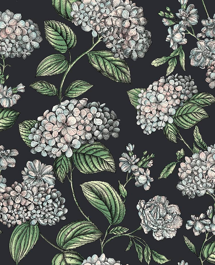Cole & Son Fornasetti Ramo di Ortensia Pastel on Charcoal – Tapetenmuster