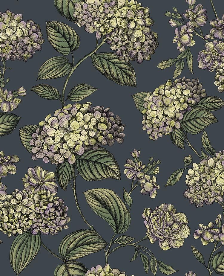 Cole & Son Fornasetti Ramo di Ortensia Lime & Purple on Ink – Tapetenmuster