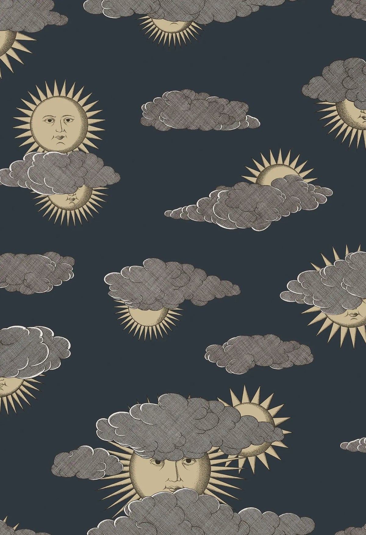 Cole & Son Fornasetti Soli e Nuvole Gold & Silver on Charcoal – Tapetenmuster