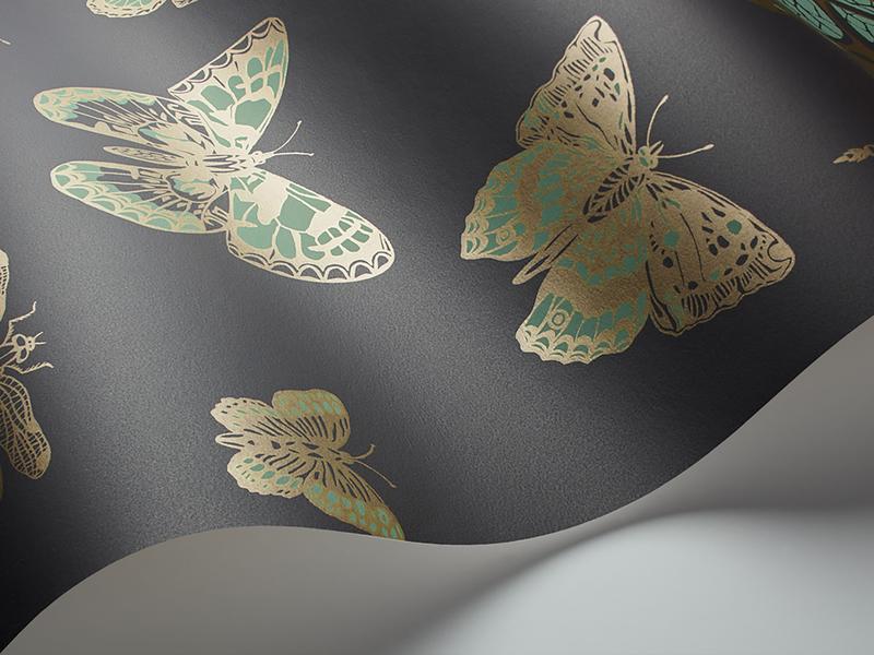 Cole and Son - Tapete Butterflies & Dragonflies Wallpaper-Tapeten-Cole & Son-Viridian & Metallic Gold on Charcoal S103/15067-TOJU Interior